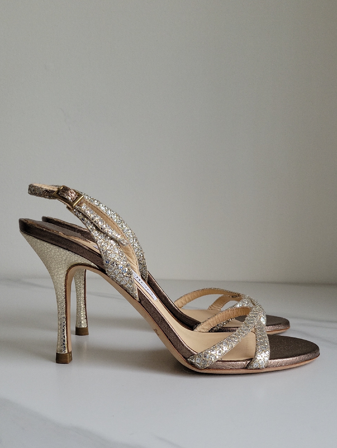 Jimmy Choo Rose Gold Glitter Slingback High Heels